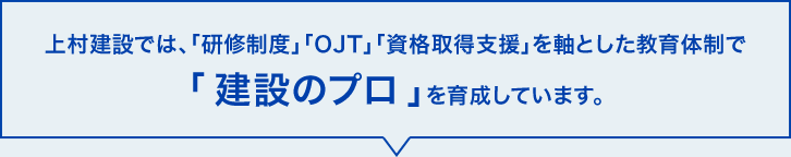 上村建設では、「研修制度」「OJT」「資格取得支援」を軸とした教育体制で「建設のプロ」を育成しています。